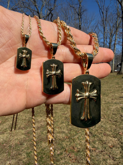 Hearts Chrome Dog Tag Cross Pendant - 14k Gold Vermeil 925 Silver - 3 Sizes 1"-2.75"