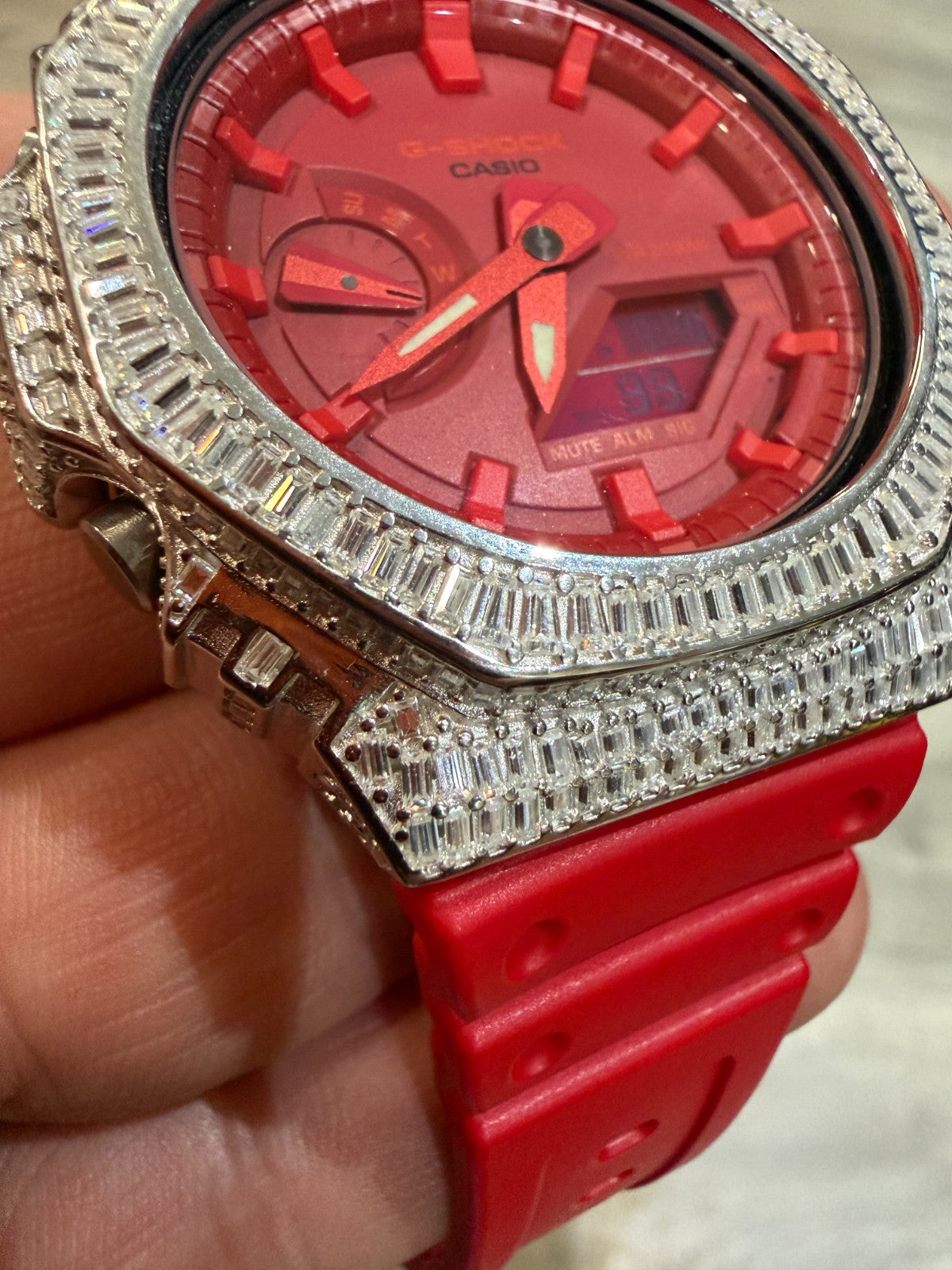 MOISSANITE Real 925 Silver Iced Baguette Red Casio G Shock GA-2100 Hip Hop Watch