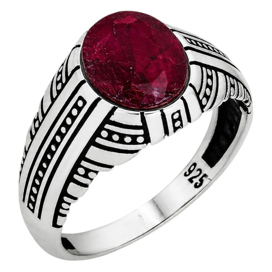 Navajo Tribe Ring - 925 Silver Oxidized - Genuine Red Ruby Stone