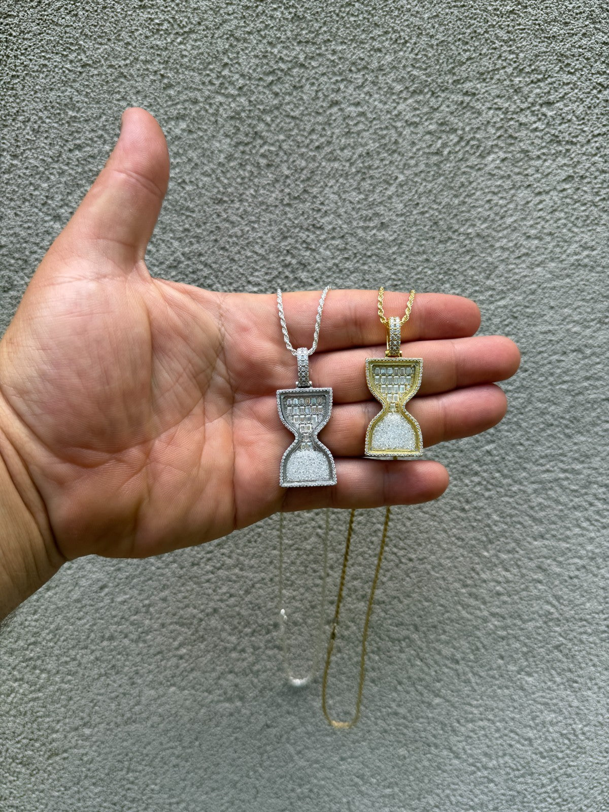 MOISSANITE Floating Diamond Hourglass Pendant - 14k Yellow Gold Vermeil Or 925 Silver - Medium 2"