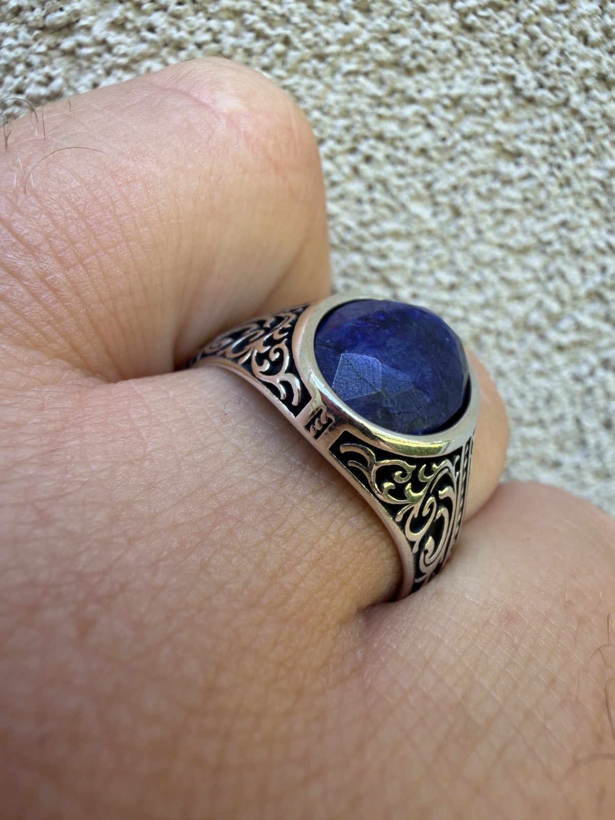 Columbian King Ring - 925 Silver Oxidized - Genuine Blue Sapphire Stone