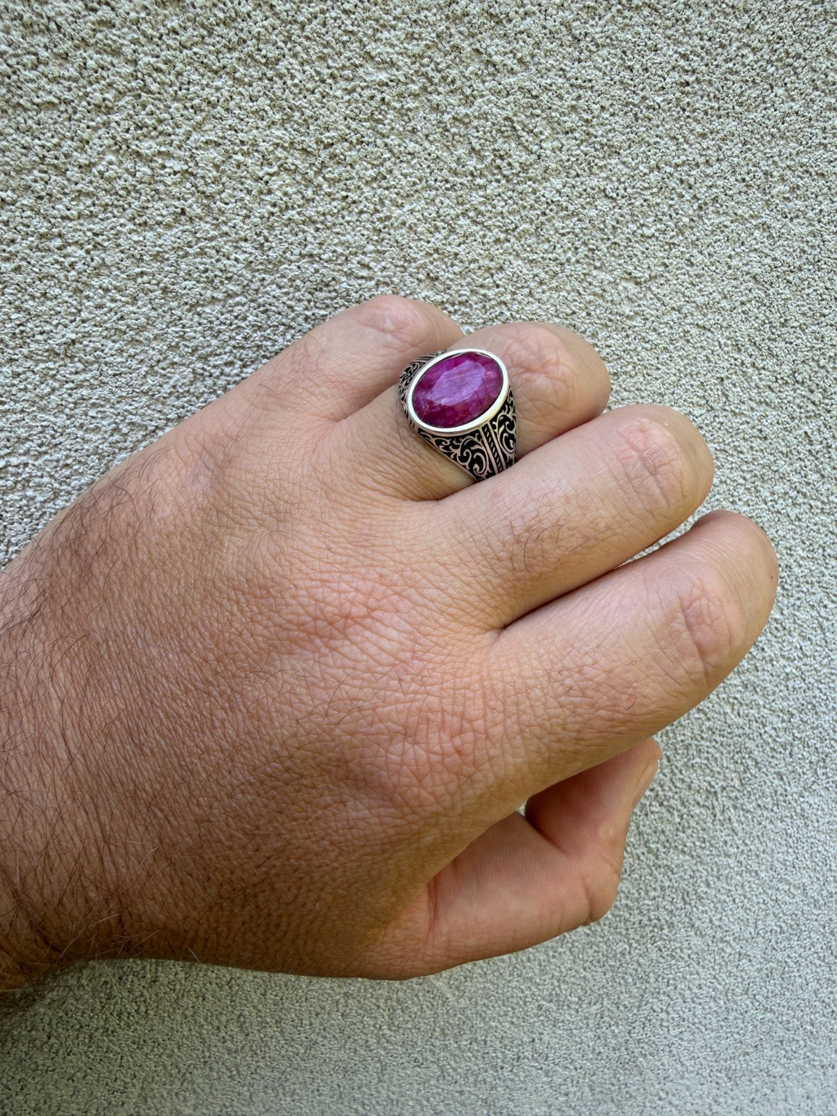 Columbian King Ring - 925 Silver Oxidized - Genuine Red Ruby Stone
