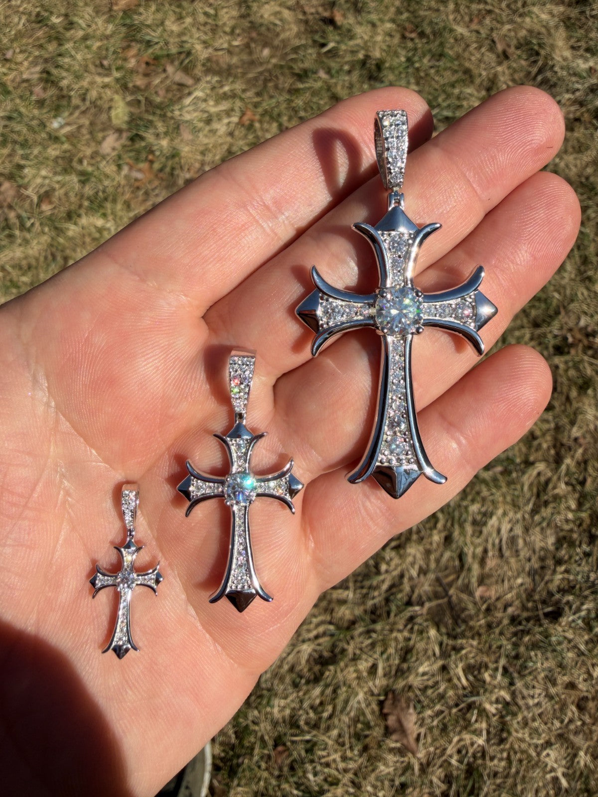 MOISSANITE Hearts Chrome Cross Pendant - 925 Silver - 3 Sizes 1"-2.75"