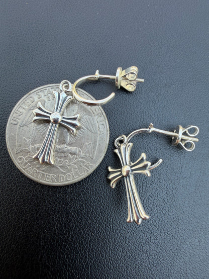Hearts Of Chrome Huggie Hoops W. Dangle Cross Earrings - 925 Silver Oxidized