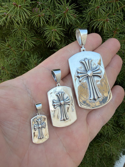 Hearts Chrome Dog Tag Cross Pendant - 925 Silver - 3 Sizes 1"-2.75"