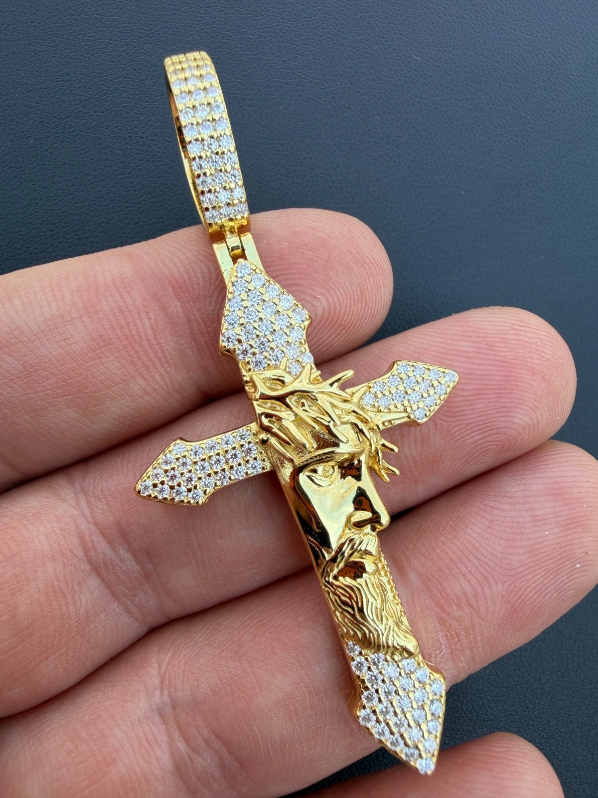 MOISSANITE Passion Of Christ Jesus On Gothic Cross Pendant - 14k Yellow Gold Vermeil Or 925 Silver - Large 2.5"