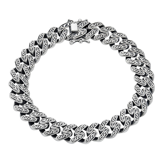 Mens Custom 12mm Hawaiian Scroll Miami Cuban Link Bracelet Real 925 Silver
