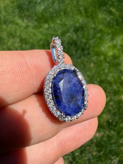 MOISSANITE Royalty Midnight Ocean Pendant - 925 Silver - Oval Genuine Blue Sapphire Stone