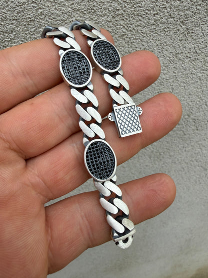 Mens Miami Cuban Link Bracelet W. Iced Out Black CZ Stones - 925 Silver - 8.5" - 12mm