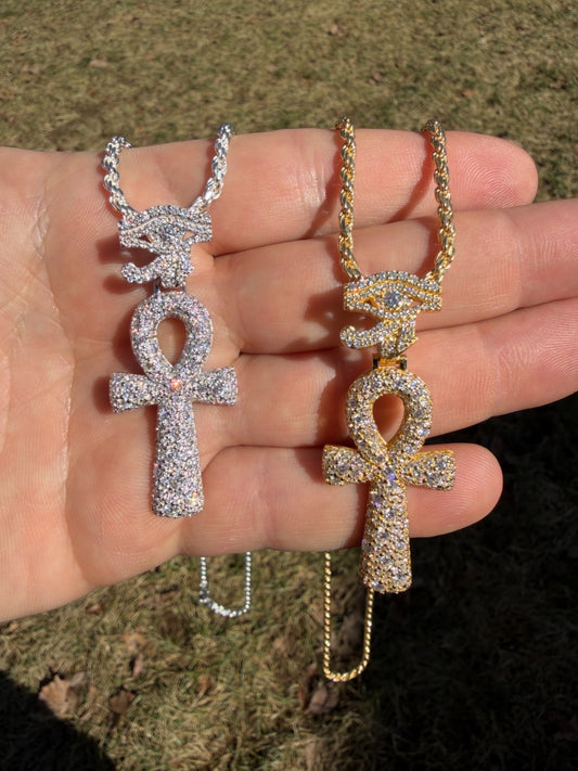 MOISSANITE Mosaic Setting Ankh W. Eye Of Horus Pendant - 14k Yellow Gold Vermeil Or 925 Silver - Medium 2"