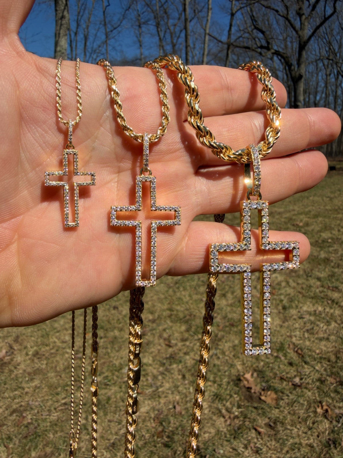 MOISSANITE Classic Cross Cutout Pendant - 14k Gold Vermeil 925 Silver - 3 Sizes 1.33"-3"