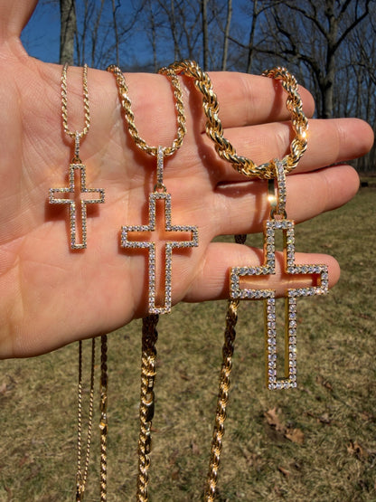 MOISSANITE Classic Cross Cutout Pendant - 14k Gold Vermeil 925 Silver - 3 Sizes 1.33"-3"