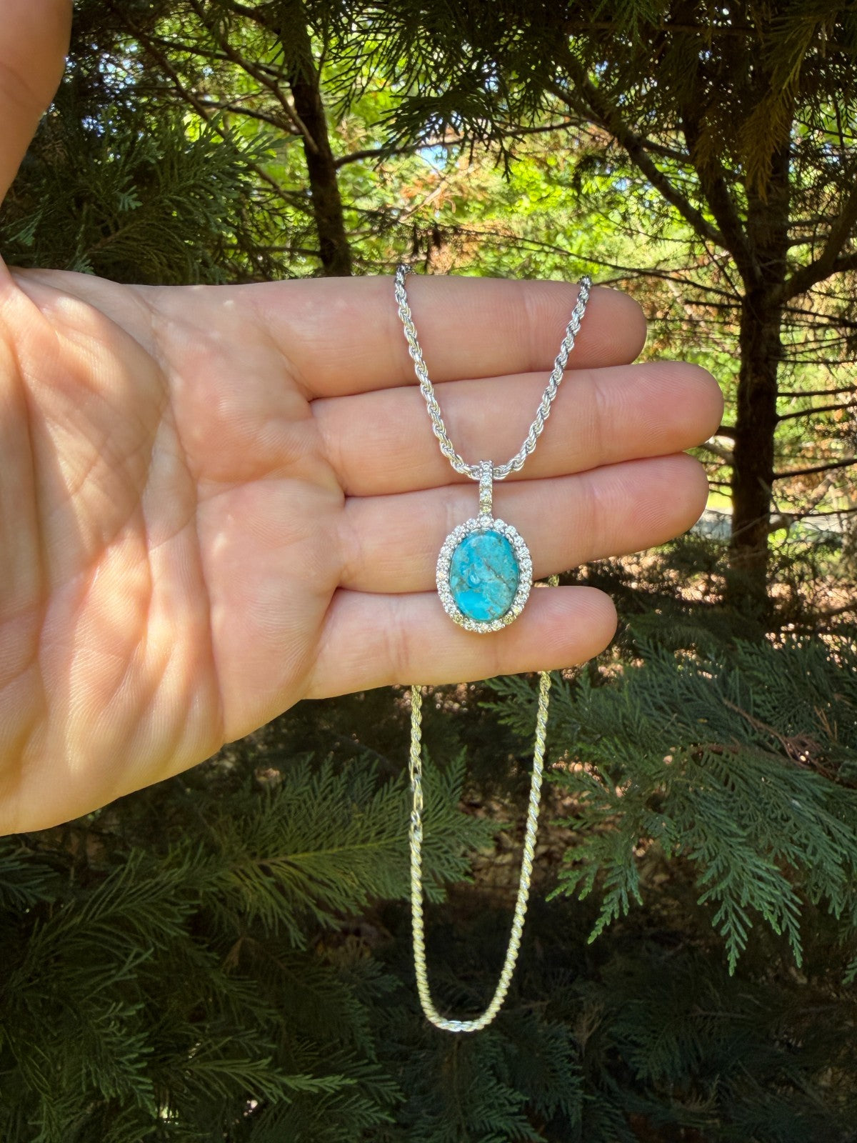 MOISSANITE Royalty Ocean Freeze Pendant - 925 Silver - Oval Genuine Blue Turquoise Stone