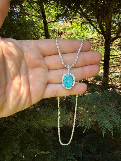 MOISSANITE Royalty Ocean Freeze Pendant - 925 Silver - Oval Genuine Blue Turquoise Stone