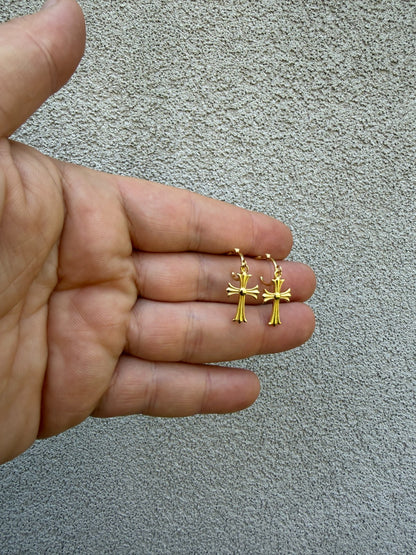 Hearts Of Chrome Huggie Hoops W. Dangle Cross Earrings - 14k Gold Vermeil 925 Silver