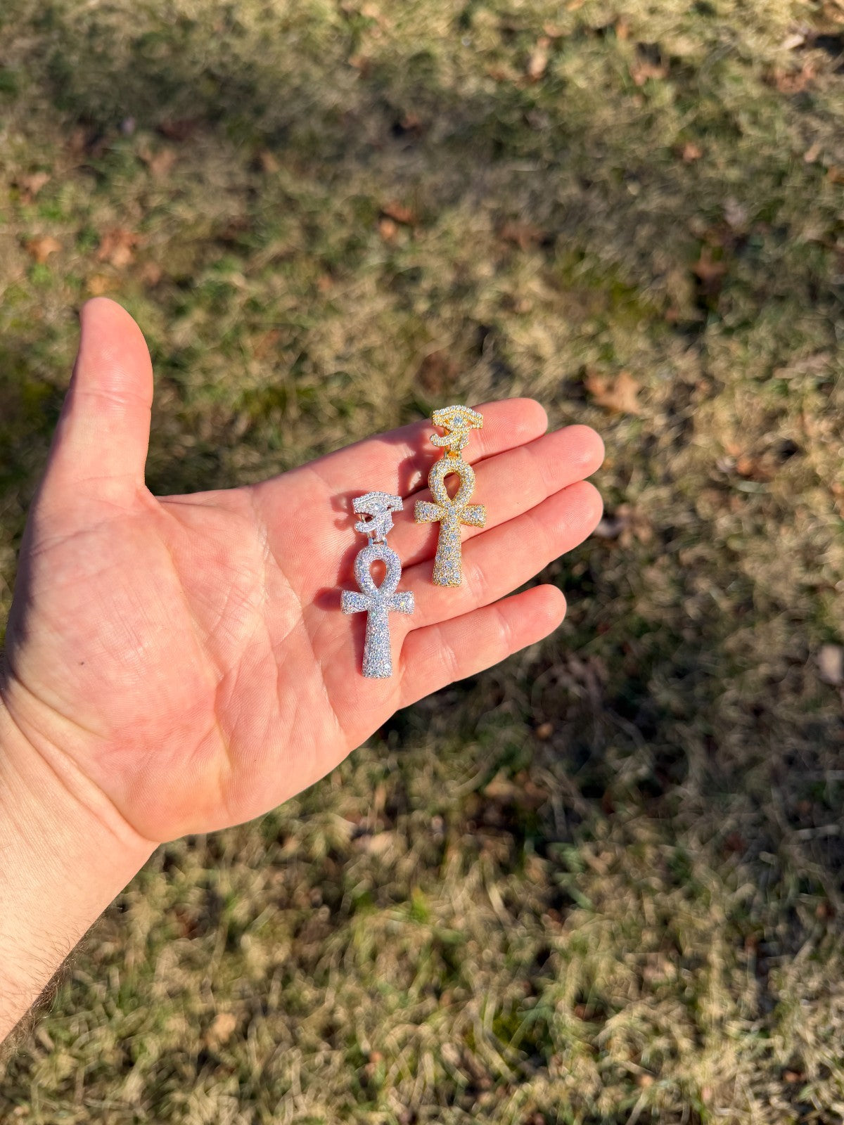 MOISSANITE Mosaic Setting Ankh W. Eye Of Horus Pendant - 14k Yellow Gold Vermeil Or 925 Silver - Medium 2"