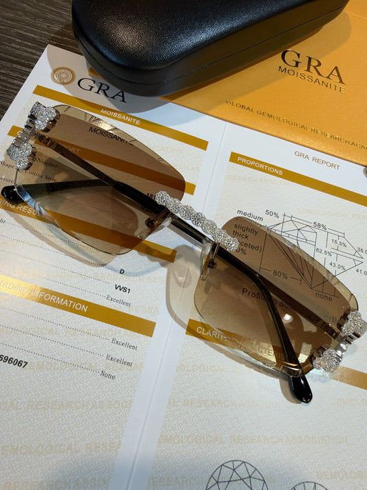 MOISSANITE Cluster Custom Iced Out Sunglasses - 925 Silver Buffs - Light Brown