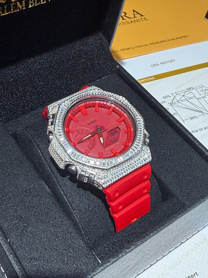MOISSANITE Real 925 Silver Iced Baguette Red Casio G Shock GA-2100 Hip Hop Watch