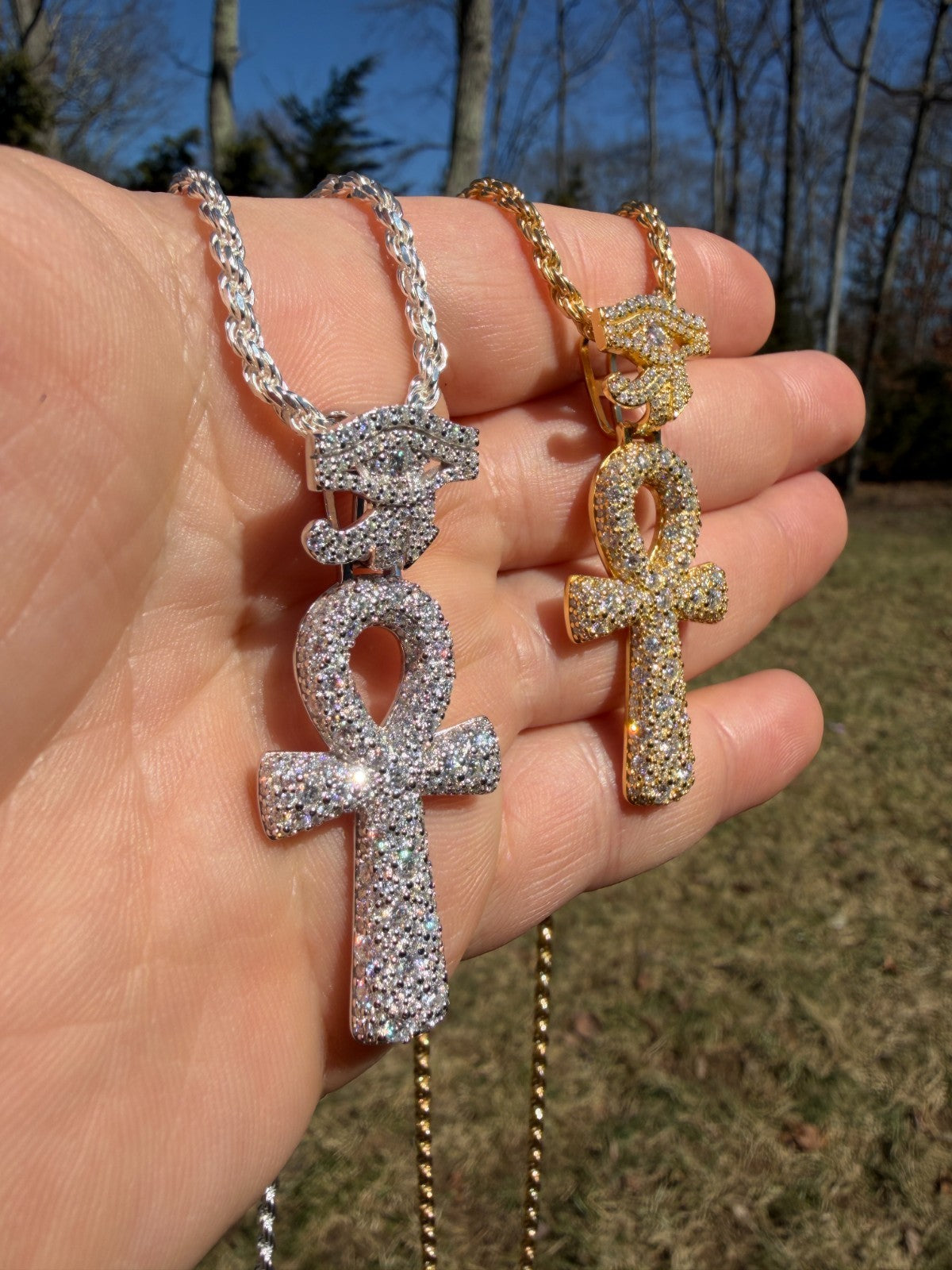 MOISSANITE Mosaic Setting Ankh W. Eye Of Horus Pendant - 14k Yellow Gold Vermeil Or 925 Silver - Medium 2"