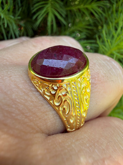 Columbian King Ring - 14k Gold Vermeil 925 Silver - Genuine Red Ruby Stone