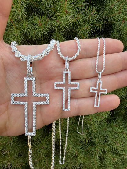 MOISSANITE Classic Cross Cutout Pendant - 925 Silver - 3 Sizes 1.33"-3"