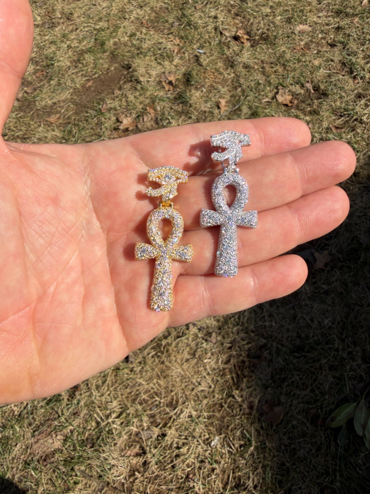 MOISSANITE Mosaic Setting Ankh W. Eye Of Horus Pendant - 14k Yellow Gold Vermeil Or 925 Silver - Medium 2"