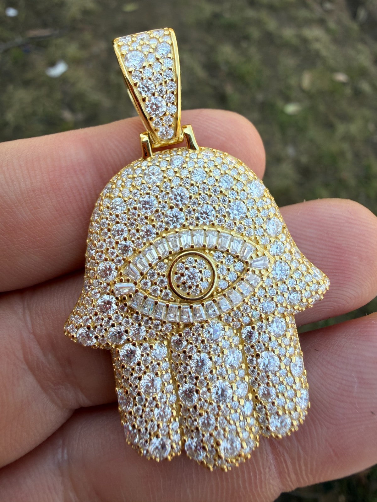 MOISSANITE Mosaic Setting Hamsa W. Evil Eye Pendant - 14k Yellow Gold Vermeil Or 925 Silver - Medium 2"
