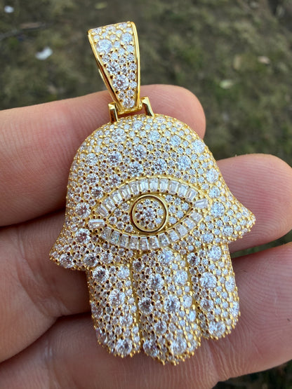 MOISSANITE Mosaic Setting Hamsa W. Evil Eye Pendant - 14k Yellow Gold Vermeil Or 925 Silver - Medium 2"