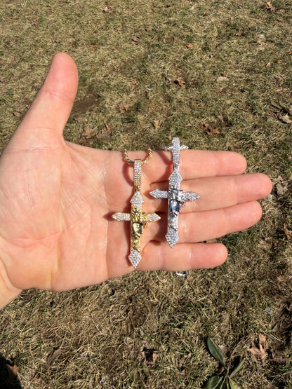 MOISSANITE Passion Of Christ Jesus On Gothic Cross Pendant - 14k Yellow Gold Vermeil Or 925 Silver - Large 2.5"