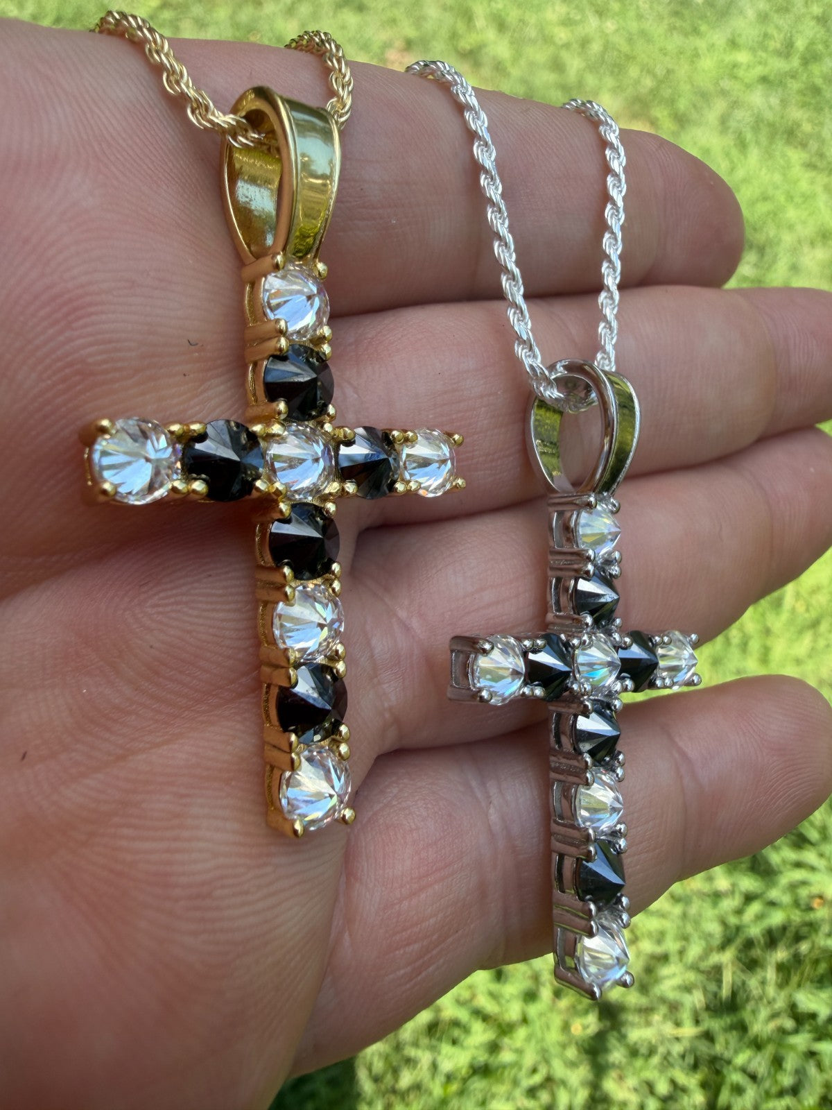 MOISSANITE Black & White Upside Down Set Cross Pendant - 14k Yellow Gold Vermeil Or 925 Silver - Medium 2"