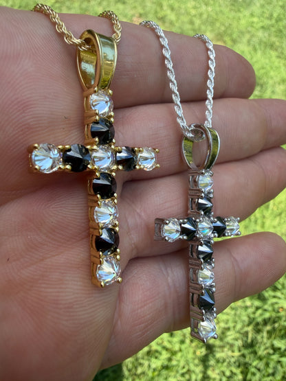 MOISSANITE Black & White Upside Down Set Cross Pendant - 14k Yellow Gold Vermeil Or 925 Silver - Medium 2"