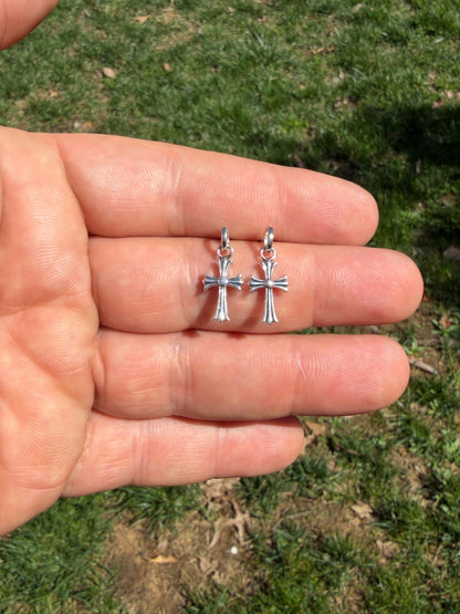 Hearts Of Chrome Studs W. Dangle Cross Earrings - 925 Silver Oxidized