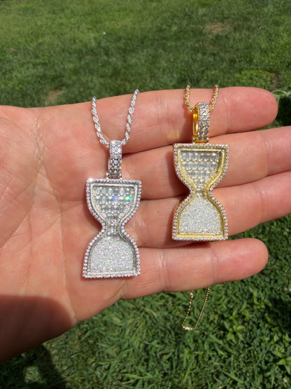 MOISSANITE Floating Diamond Hourglass Pendant - 14k Yellow Gold Vermeil Or 925 Silver - Medium 2"