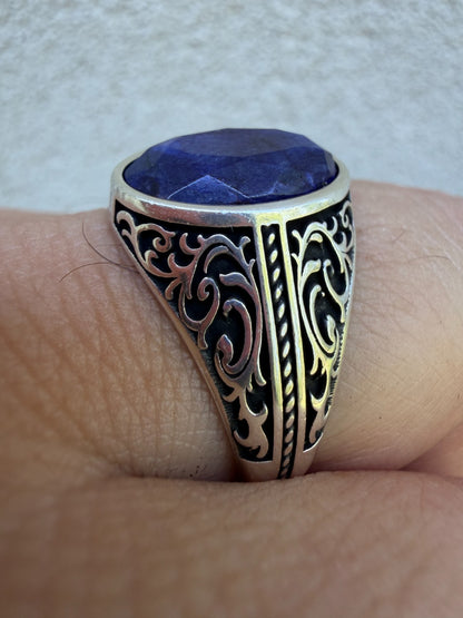Columbian King Ring - 925 Silver Oxidized - Genuine Blue Sapphire Stone