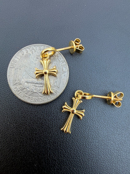 Hearts Of Chrome Studs W. Dangle Cross Earrings - 14k Gold Vermeil 925 Silver