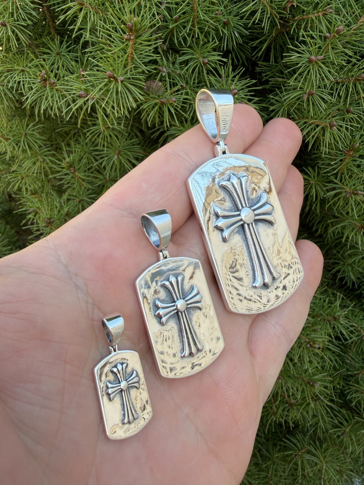 Hearts Chrome Dog Tag Cross Pendant - 925 Silver - 3 Sizes 1"-2.75"