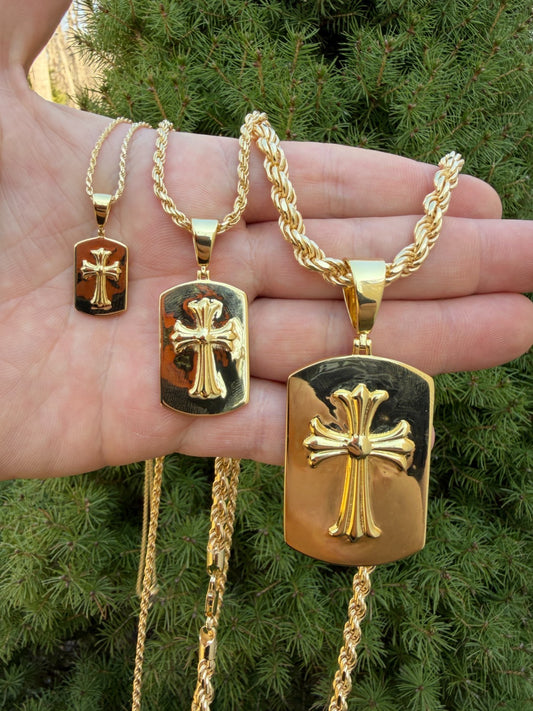 Hearts Chrome Dog Tag Cross Pendant - 14k Gold Vermeil 925 Silver - 3 Sizes 1"-2.75"