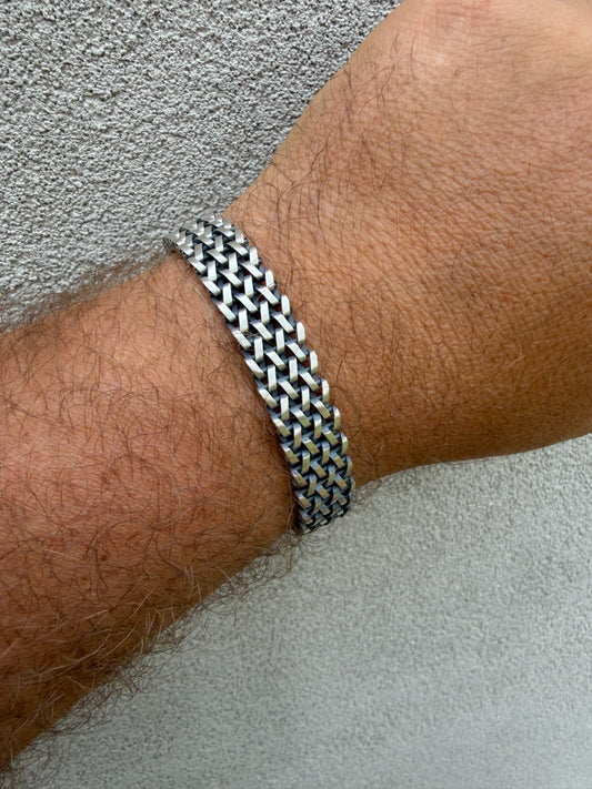 Mens Turquoise Wheat Woven Link Bracelet - 925 Sterling Silver - 8.5" - 12mm