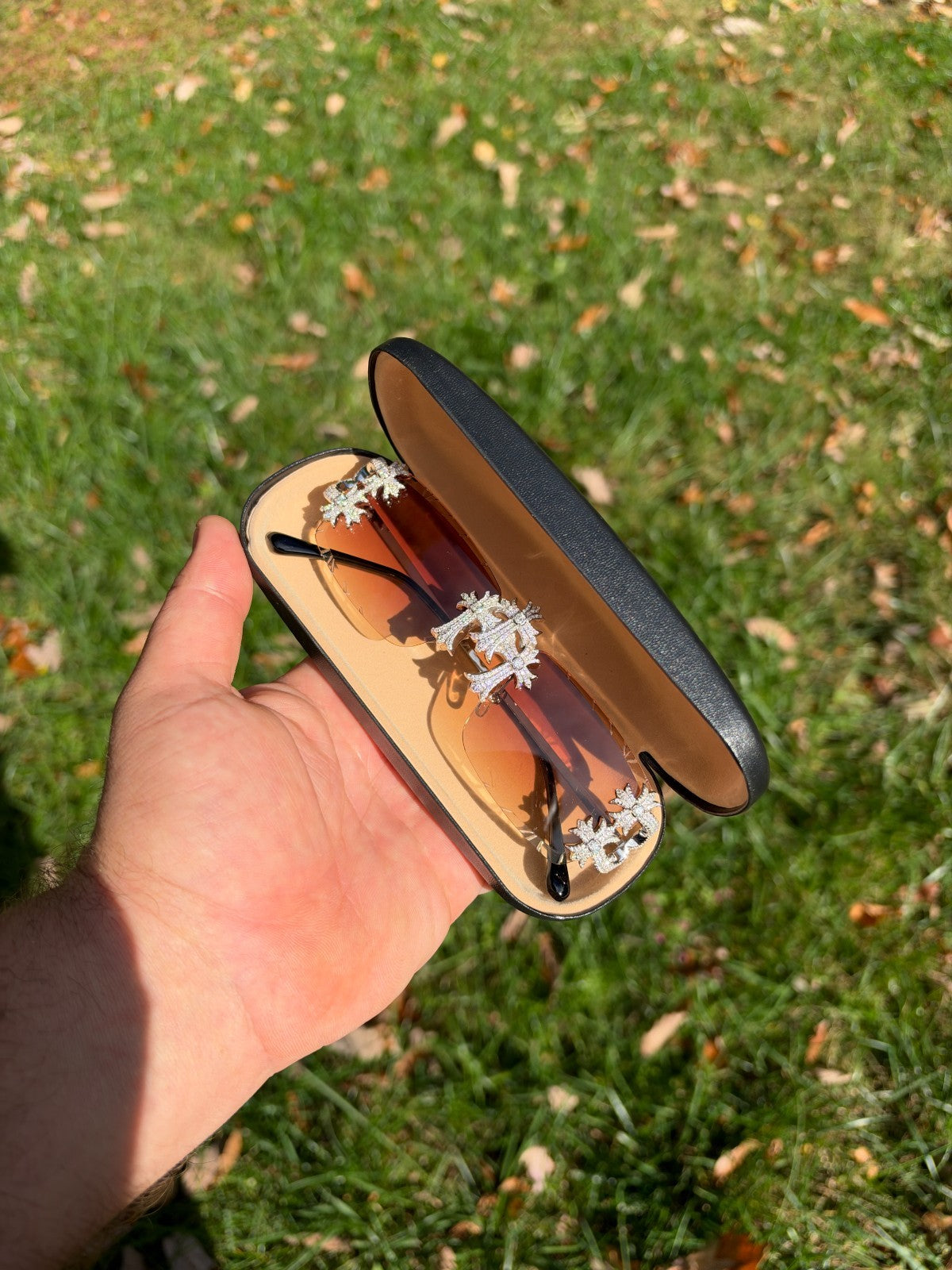 MOISSANITE Hearts Chrome Cross Iced Out Sunglasses - 925 Silver Buffs - Light Brown