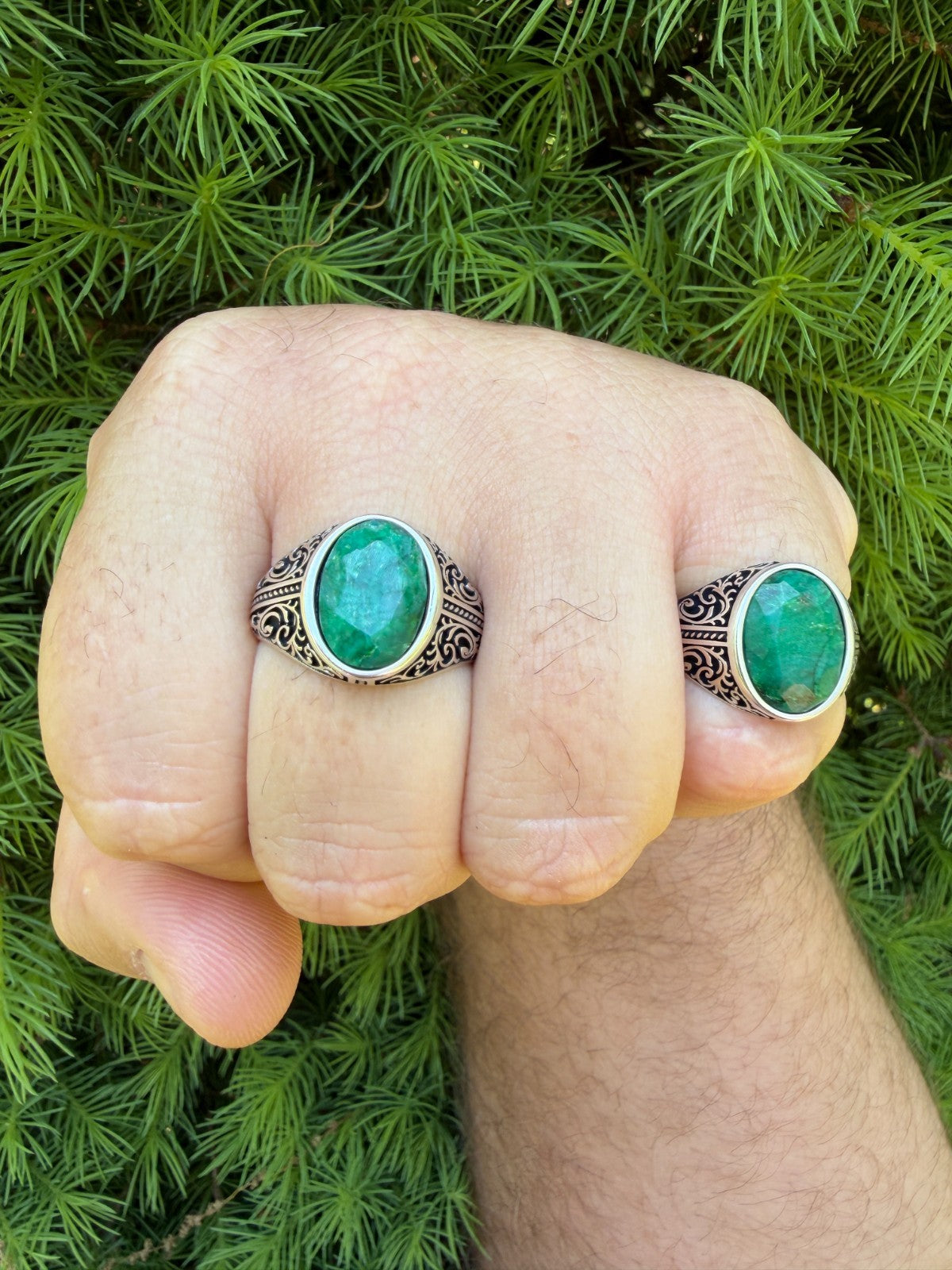 Columbian King Ring - 925 Silver Oxidized - Genuine Green Emerald Stone