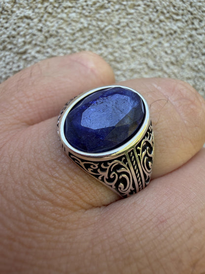 Columbian King Ring - 925 Silver Oxidized - Genuine Blue Sapphire Stone