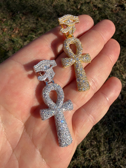 MOISSANITE Mosaic Setting Ankh W. Eye Of Horus Pendant - 14k Yellow Gold Vermeil Or 925 Silver - Medium 2"