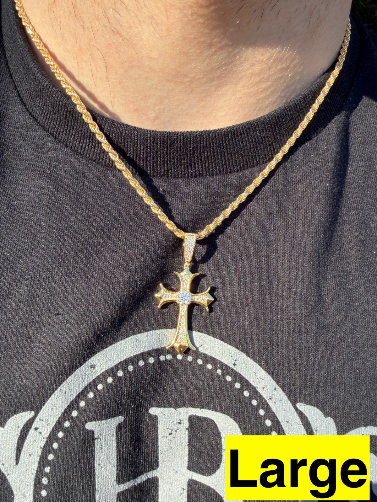 MOISSANITE Hearts Chrome Cross Pendant - 14k Gold Vermeil 925 Silver - 3 Sizes 0.75"-2.75"