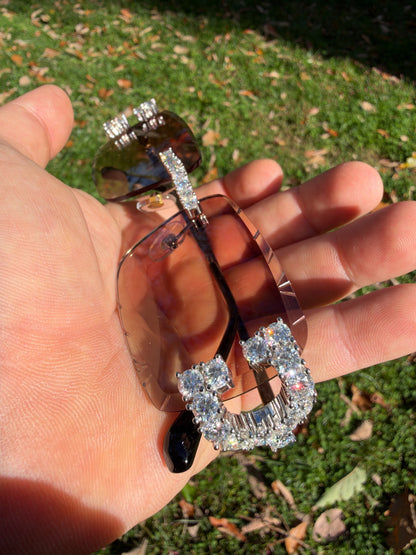 MOISSANITE Big Stone 15ct Iced Out Sunglasses - 925 Silver Buffs - Light Brown