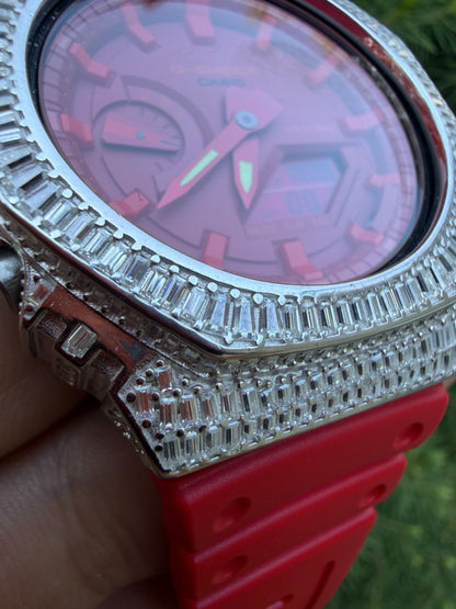MOISSANITE Real 925 Silver Iced Baguette Red Casio G Shock GA-2100 Hip Hop Watch