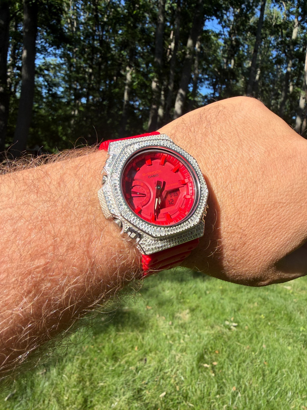 MOISSANITE Real 925 Silver Iced Baguette Red Casio G Shock GA-2100 Hip Hop Watch
