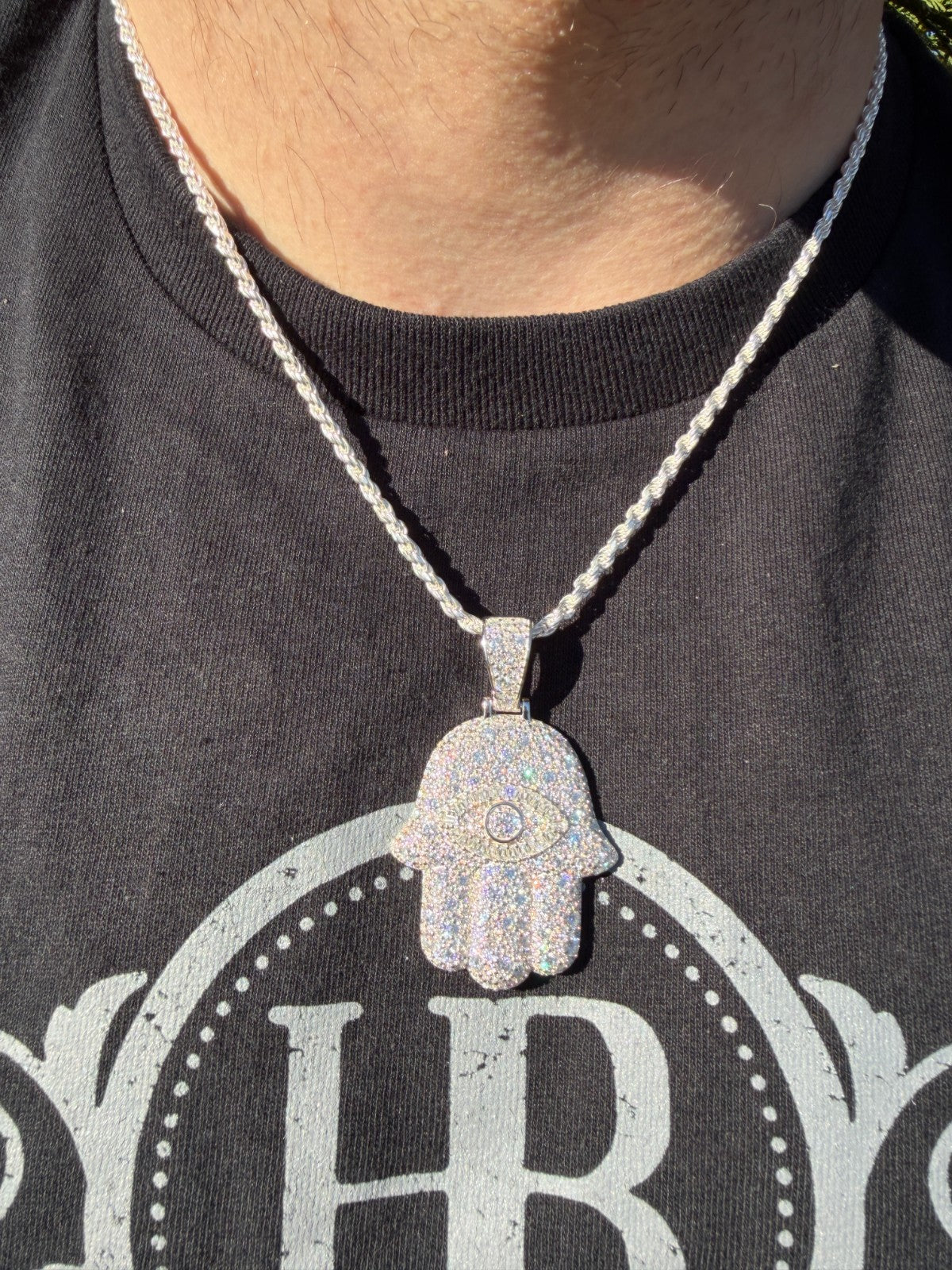 MOISSANITE Mosaic Setting Hamsa W. Evil Eye Pendant - 14k Yellow Gold Vermeil Or 925 Silver - Medium 2"