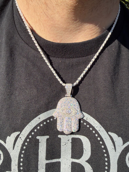 MOISSANITE Mosaic Setting Hamsa W. Evil Eye Pendant - 14k Yellow Gold Vermeil Or 925 Silver - Medium 2"