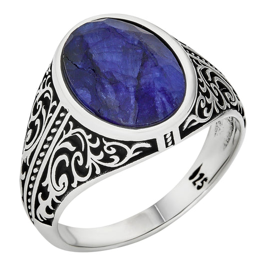 Columbian King Ring - 925 Silver Oxidized - Genuine Blue Sapphire Stone