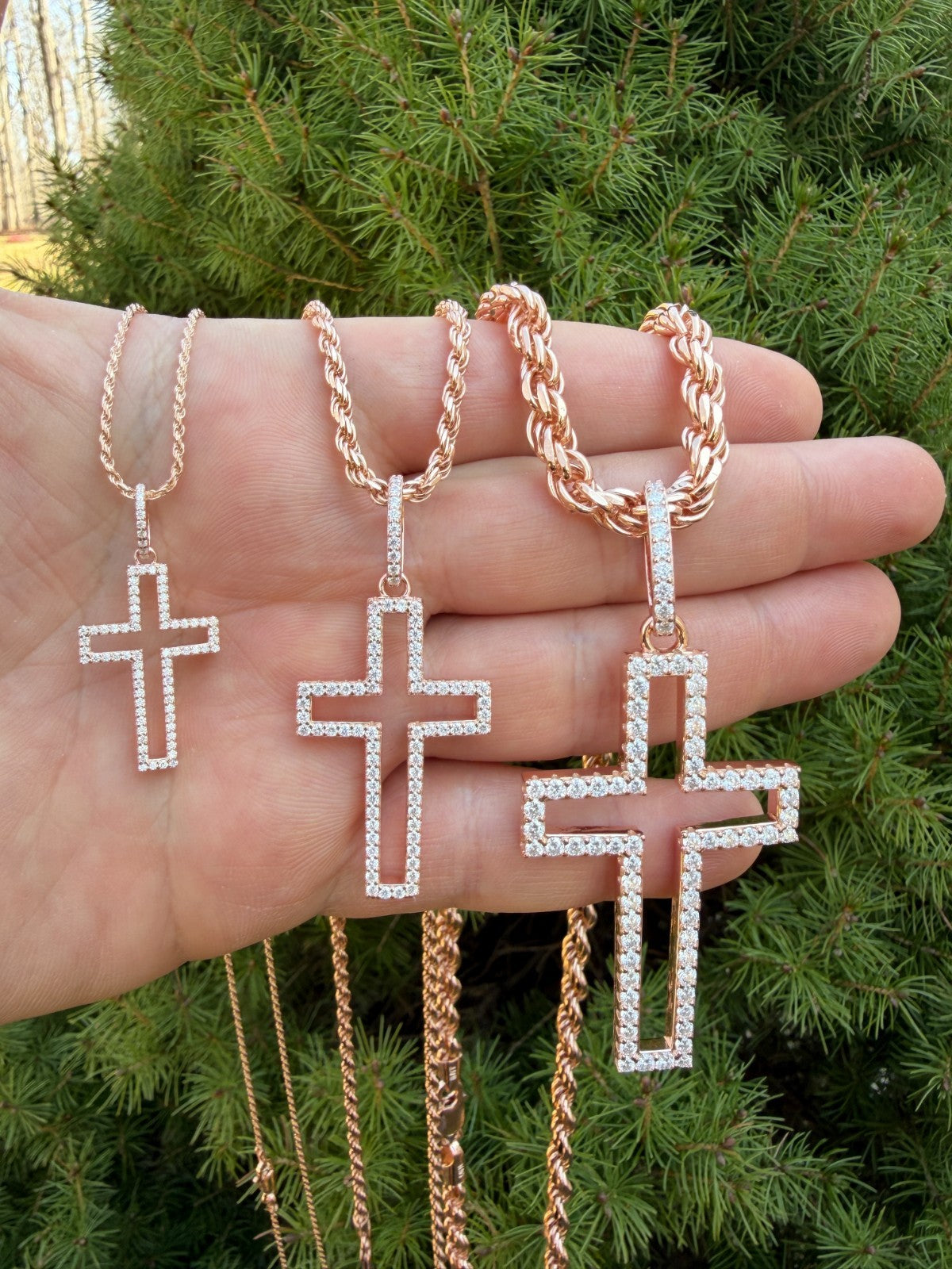 MOISSANITE Classic Cross Cutout Pendant - 14k Rose Gold Vermeil 925 Silver - 3 Sizes 1.33"-3"